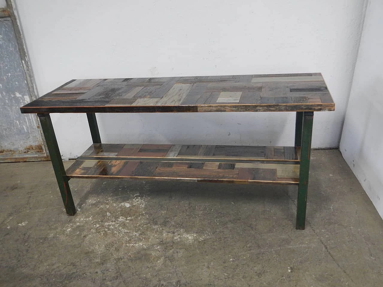 Green metal and spruce workshop shelf, 1970s 2