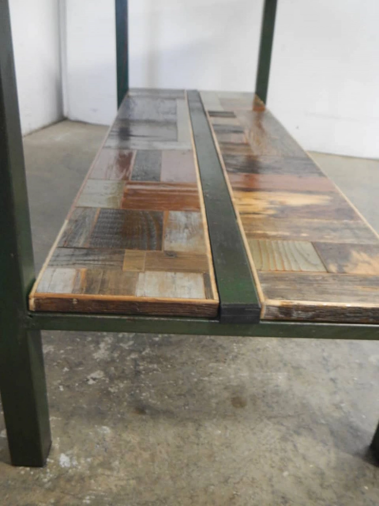 Green metal and spruce workshop shelf, 1970s 6