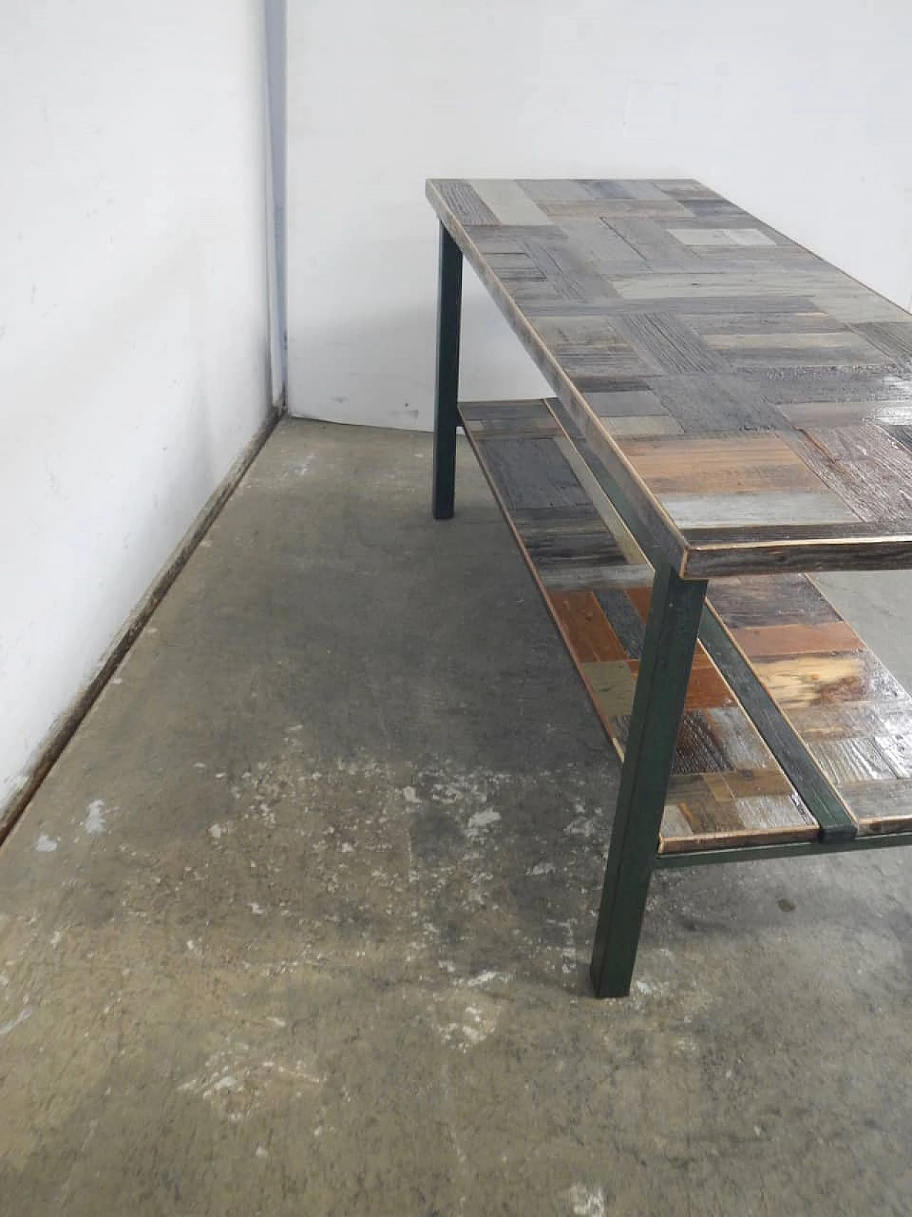 Green metal and spruce workshop shelf, 1970s 7