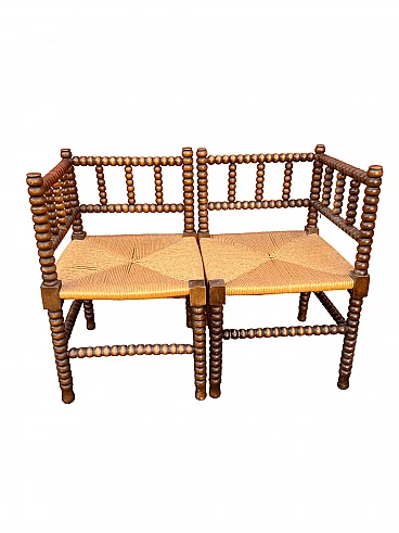 Coppia di poltrone modulari in legno e paglia, anni '50