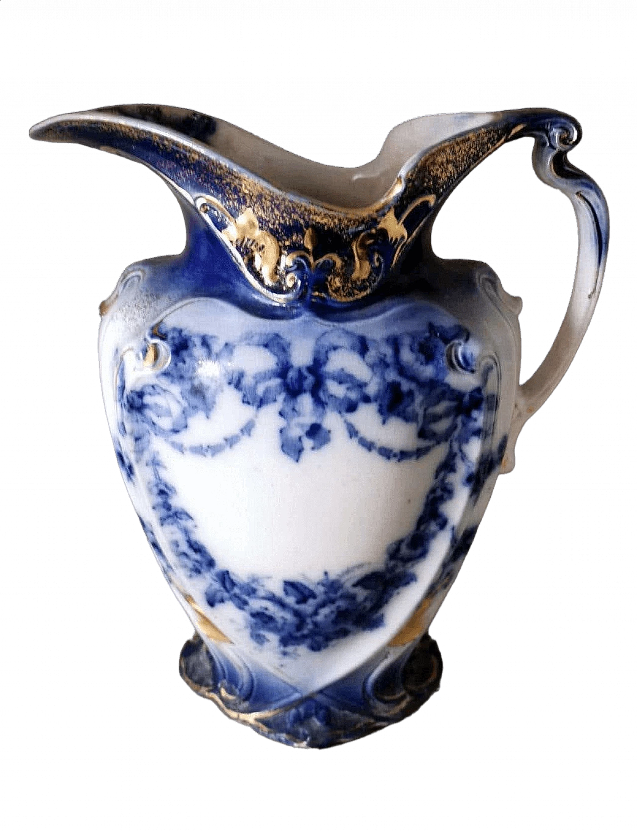 Brocca in stile Vittoriano in porcellana bianca, blu e oro, fine '800 20