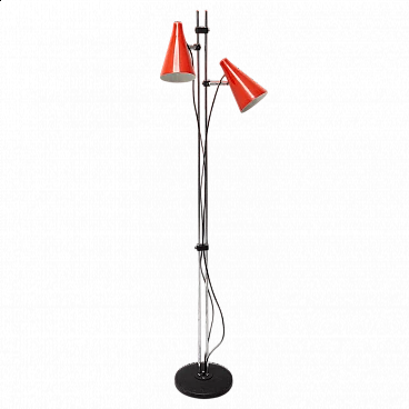 Chromed and red metal two-light floor lamp by Josef Hurka, 1960s