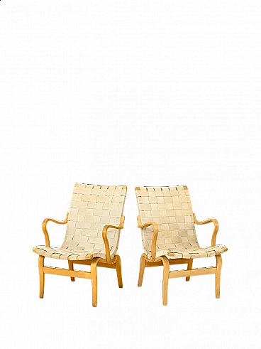 Pair of wood and fabric Eva armchairs by Bruno Mathsson, 1970s