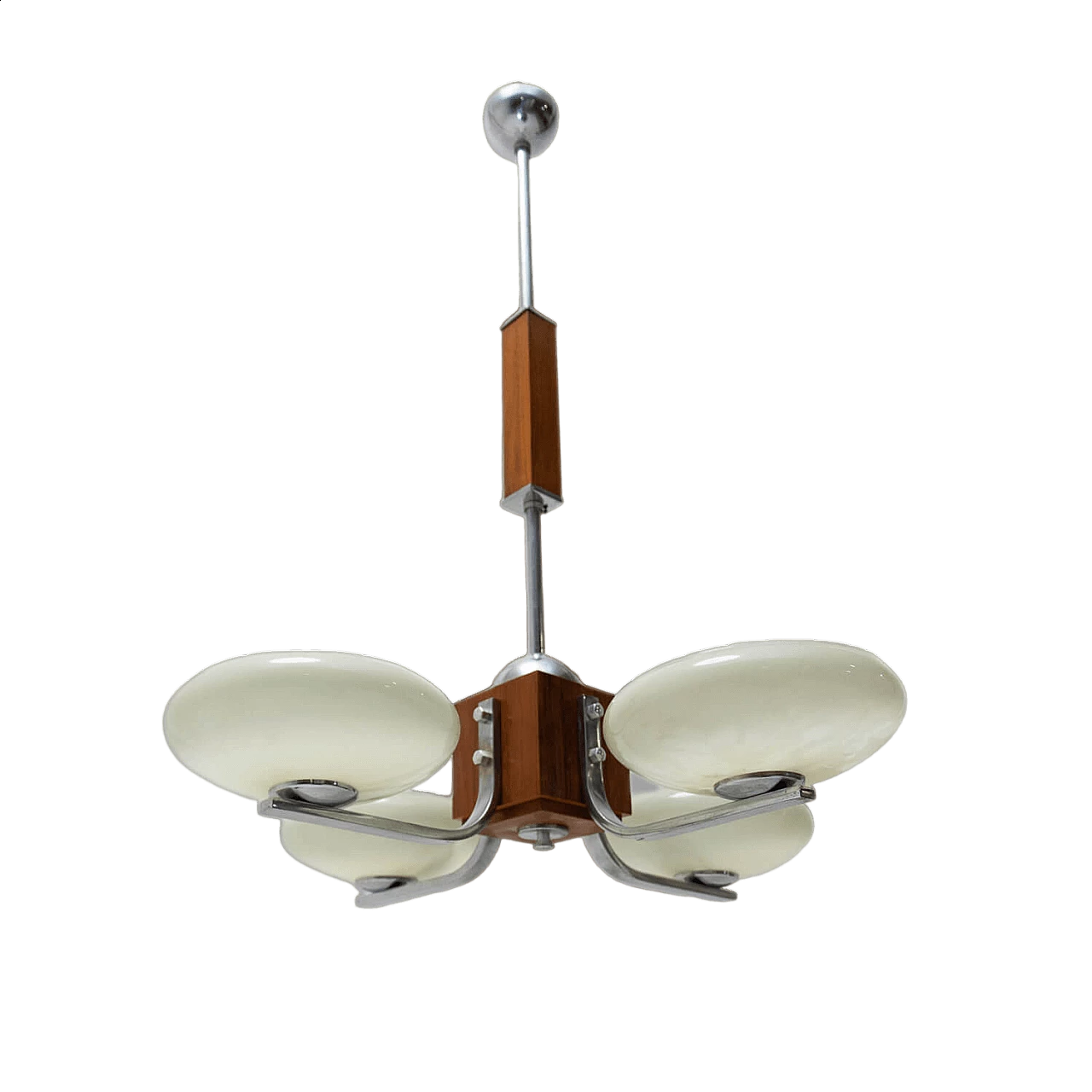 Lampadario a sospensione Art Deco in cromo e legno, anni '30 16
