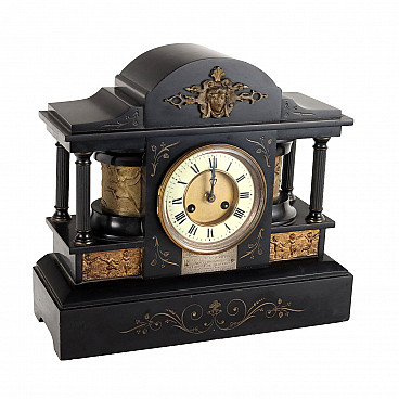 Orologio da tavolo a tempietto in marmo nero e bronzo dorato, fine '800