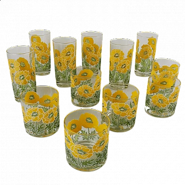 12 Glass tumblers with yellow flowers by Georges Briard