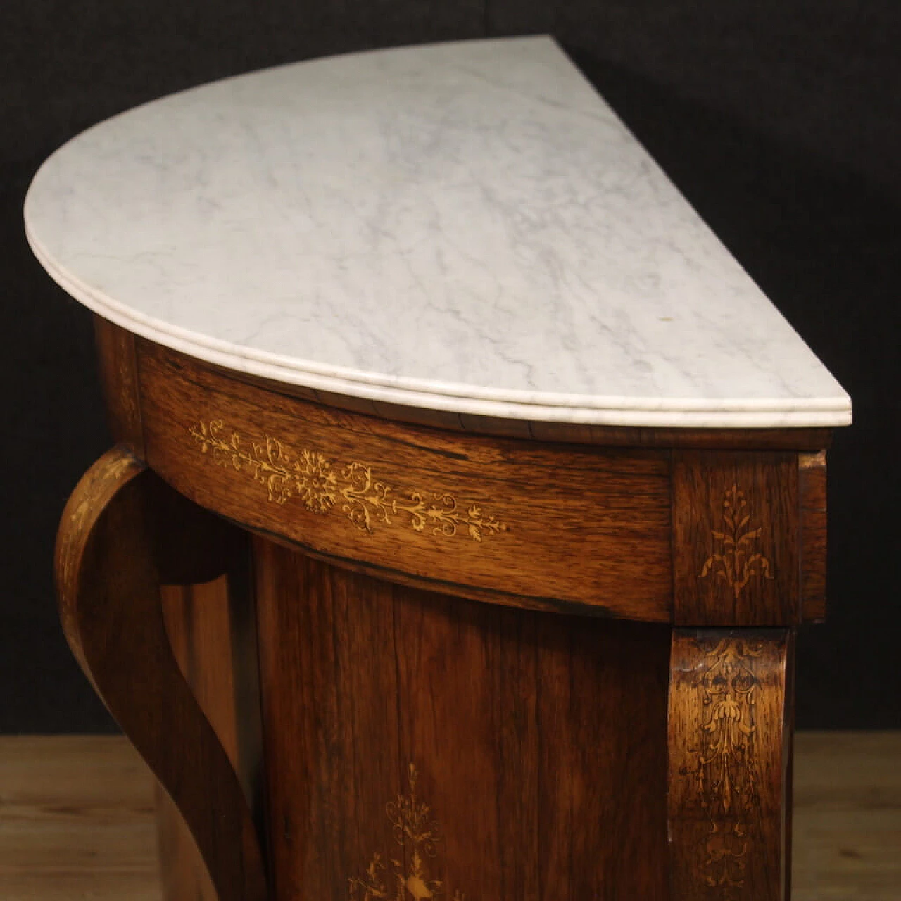 Credenza a mezzaluna Carlo X in legno con piano in marmo, metà '800 8