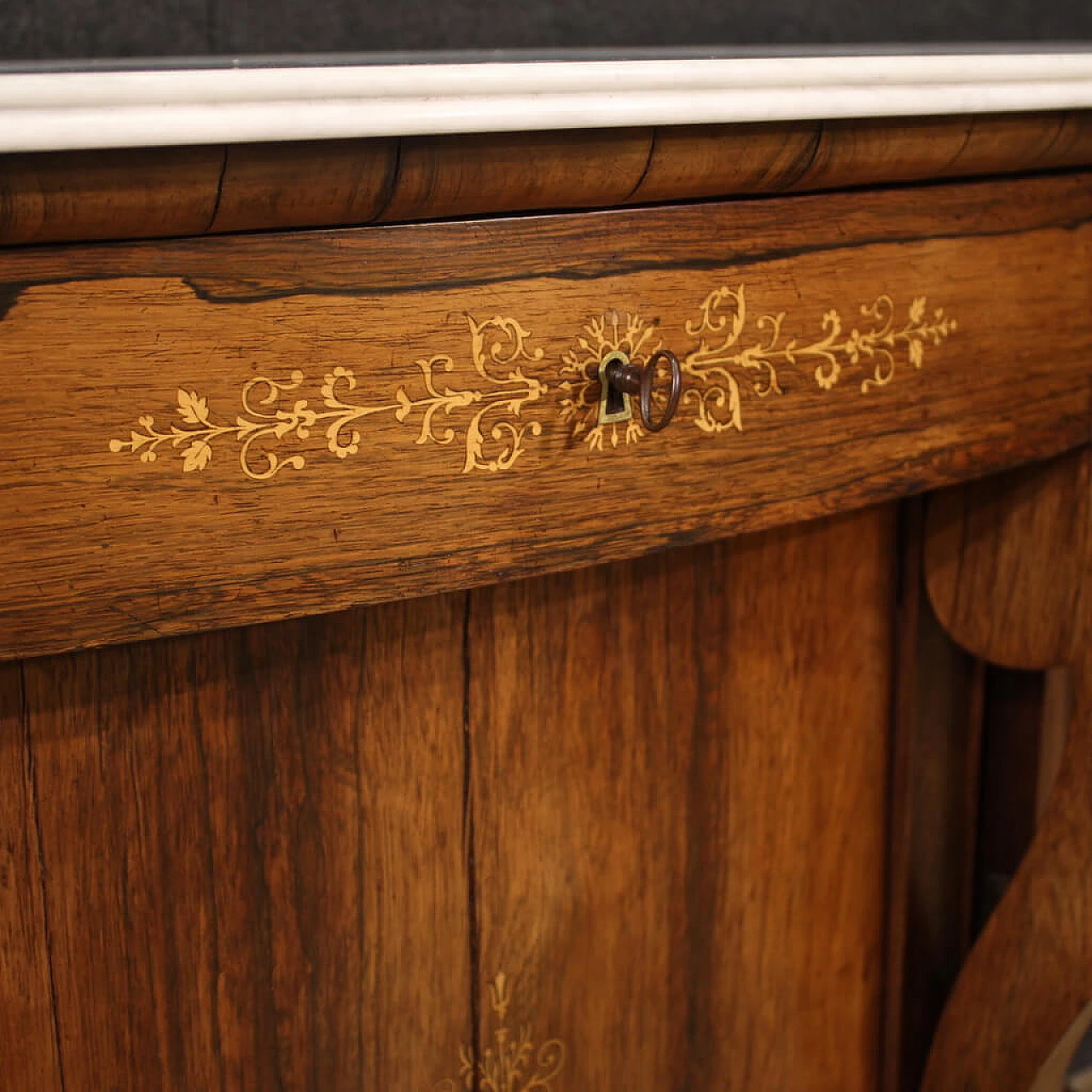 Credenza a mezzaluna Carlo X in legno con piano in marmo, metà '800 11