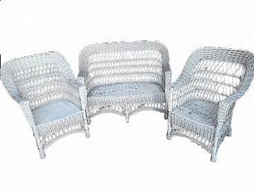 Divanetto e coppia di poltrone in vimini, anni '50