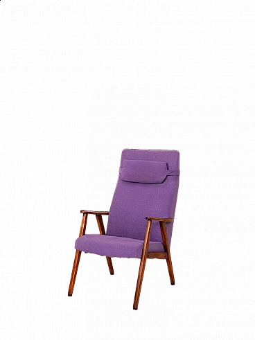 Scandinavian wood and purple fabric armchair, 1960s
