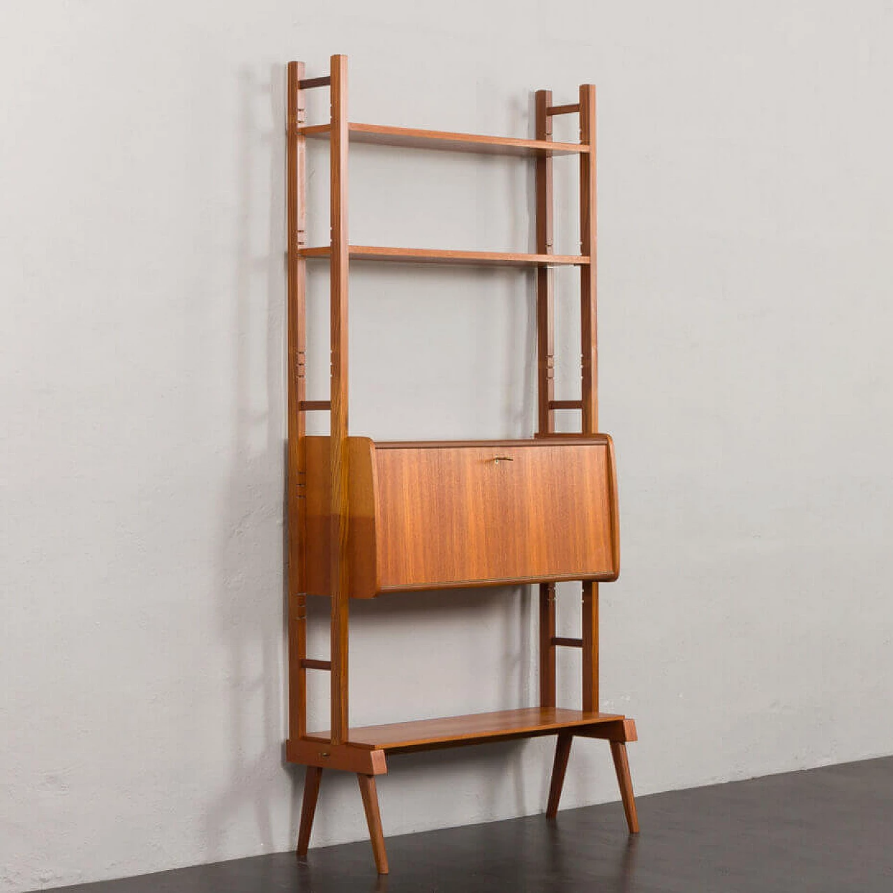 Scandinavian upright teak bookcase with drop-flap desk, 1960s 3