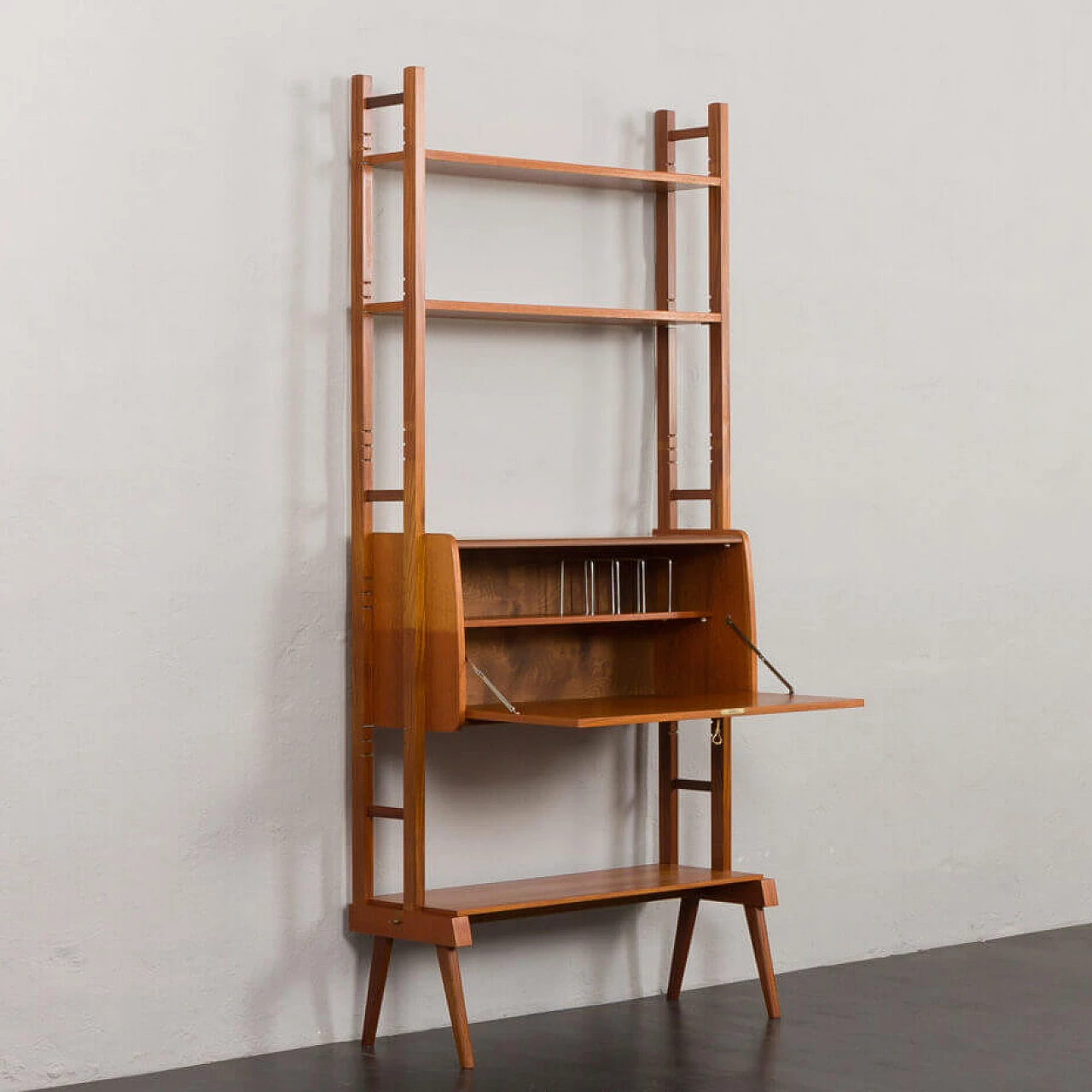 Scandinavian upright teak bookcase with drop-flap desk, 1960s 4