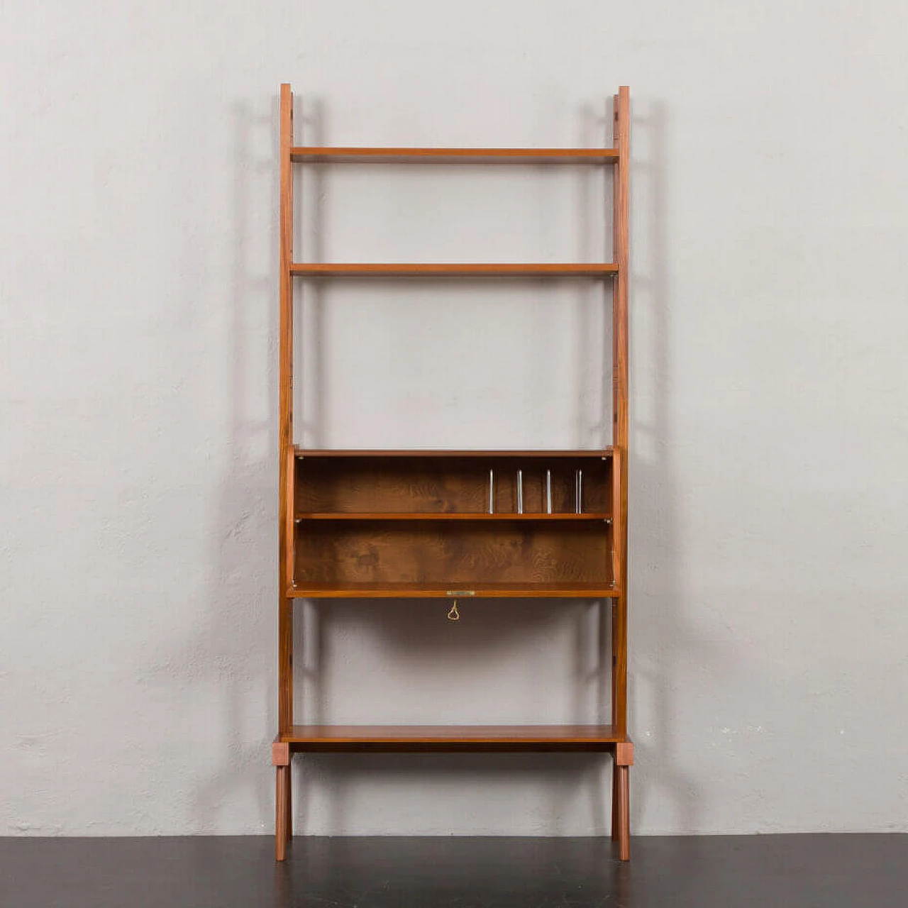 Scandinavian upright teak bookcase with drop-flap desk, 1960s 5