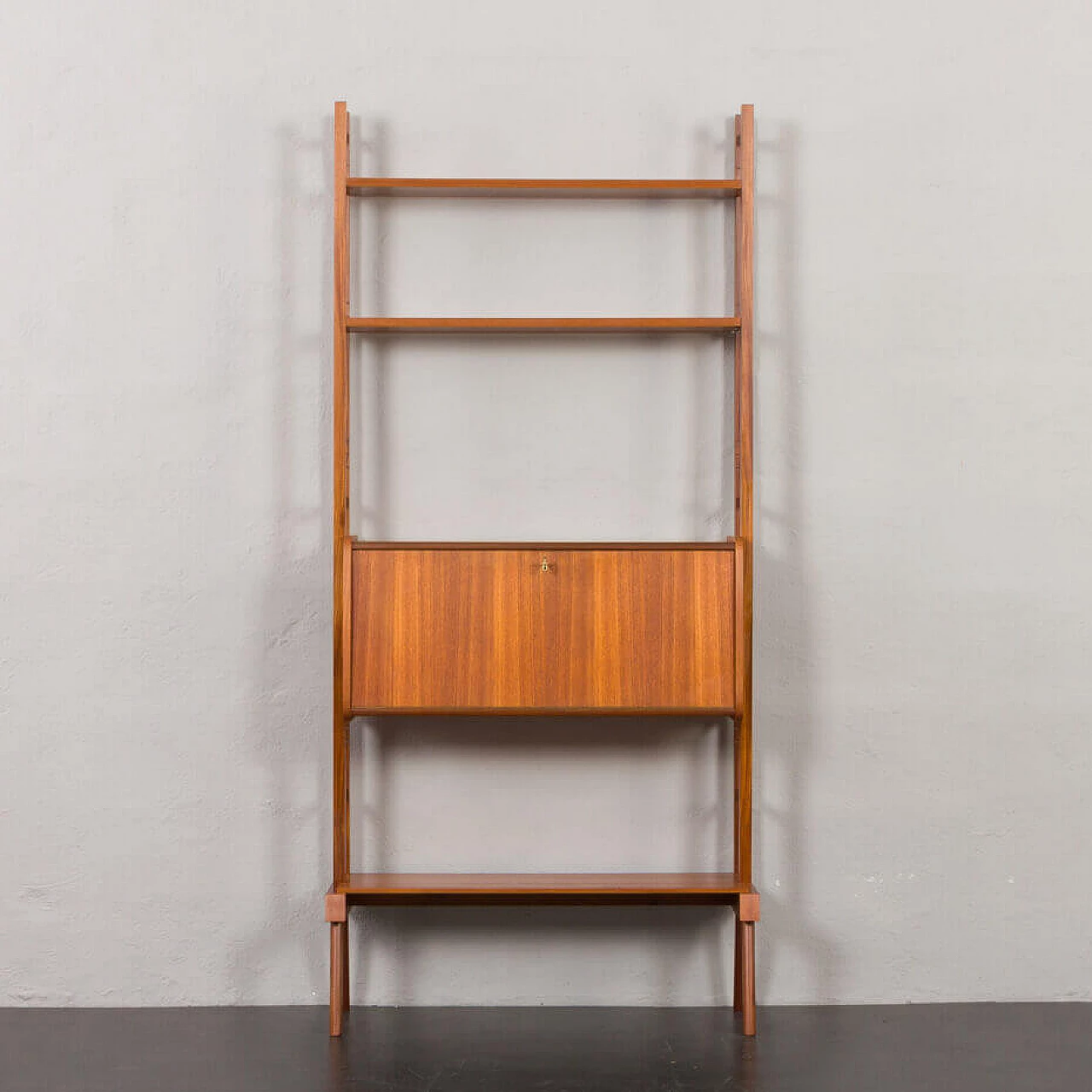 Scandinavian upright teak bookcase with drop-flap desk, 1960s 6
