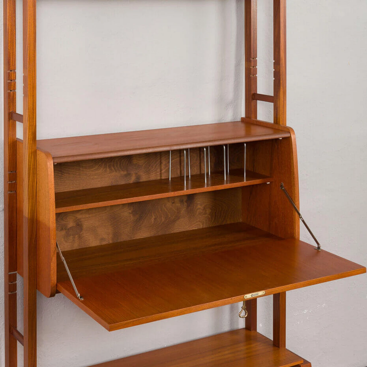 Scandinavian upright teak bookcase with drop-flap desk, 1960s 8