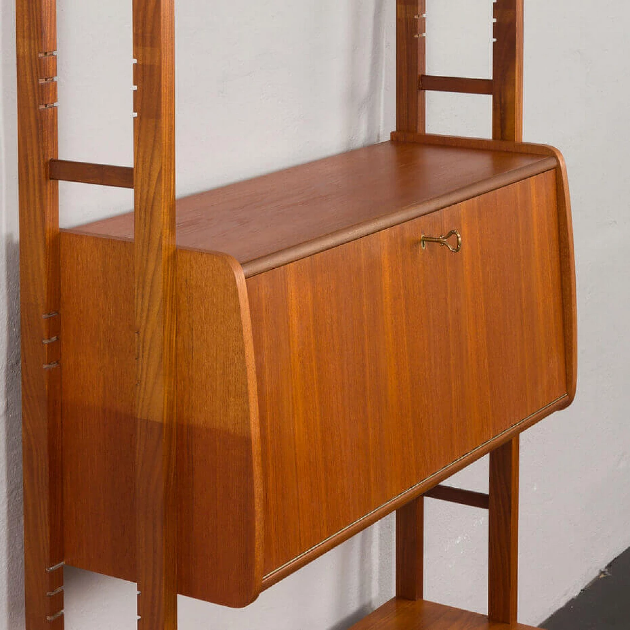 Scandinavian upright teak bookcase with drop-flap desk, 1960s 12