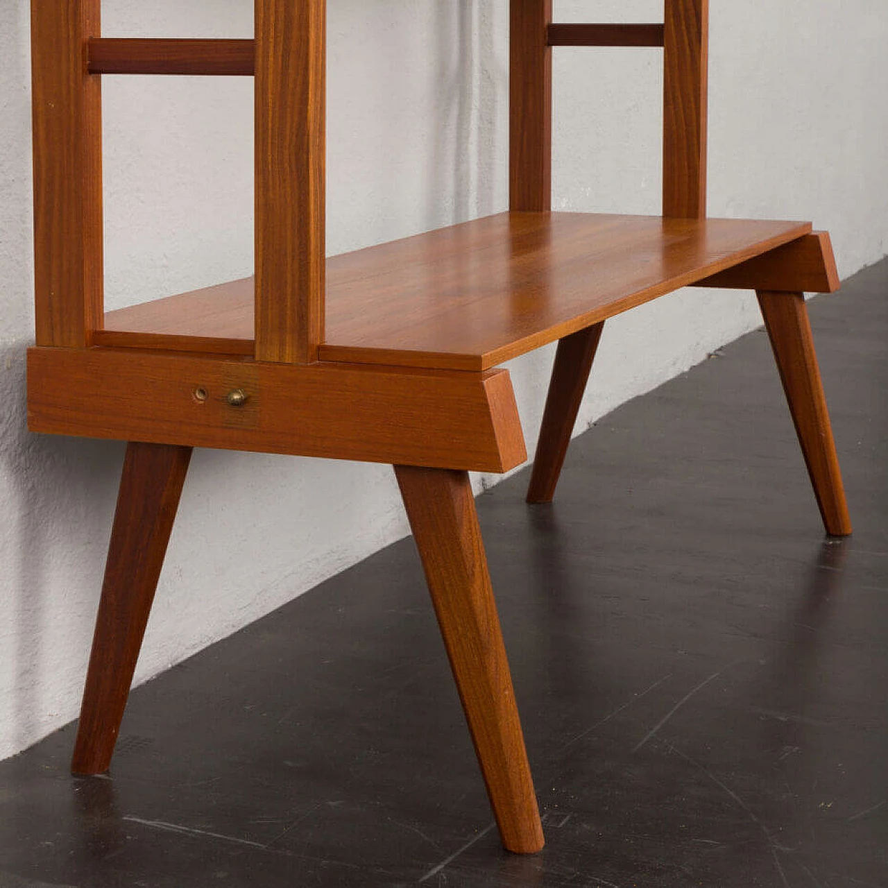 Scandinavian upright teak bookcase with drop-flap desk, 1960s 15