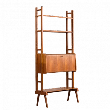 Scandinavian upright teak bookcase with drop-flap desk, 1960s