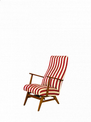 Scandinavian wood and striped fabric reclining armchair, 1960s