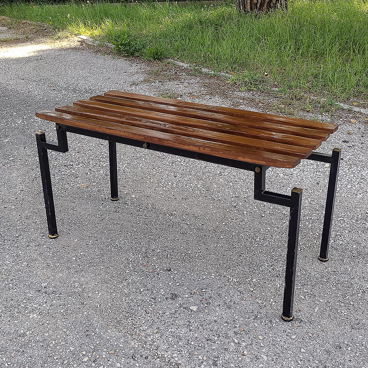 Danish wood and black painted metal bench, 1960s 2