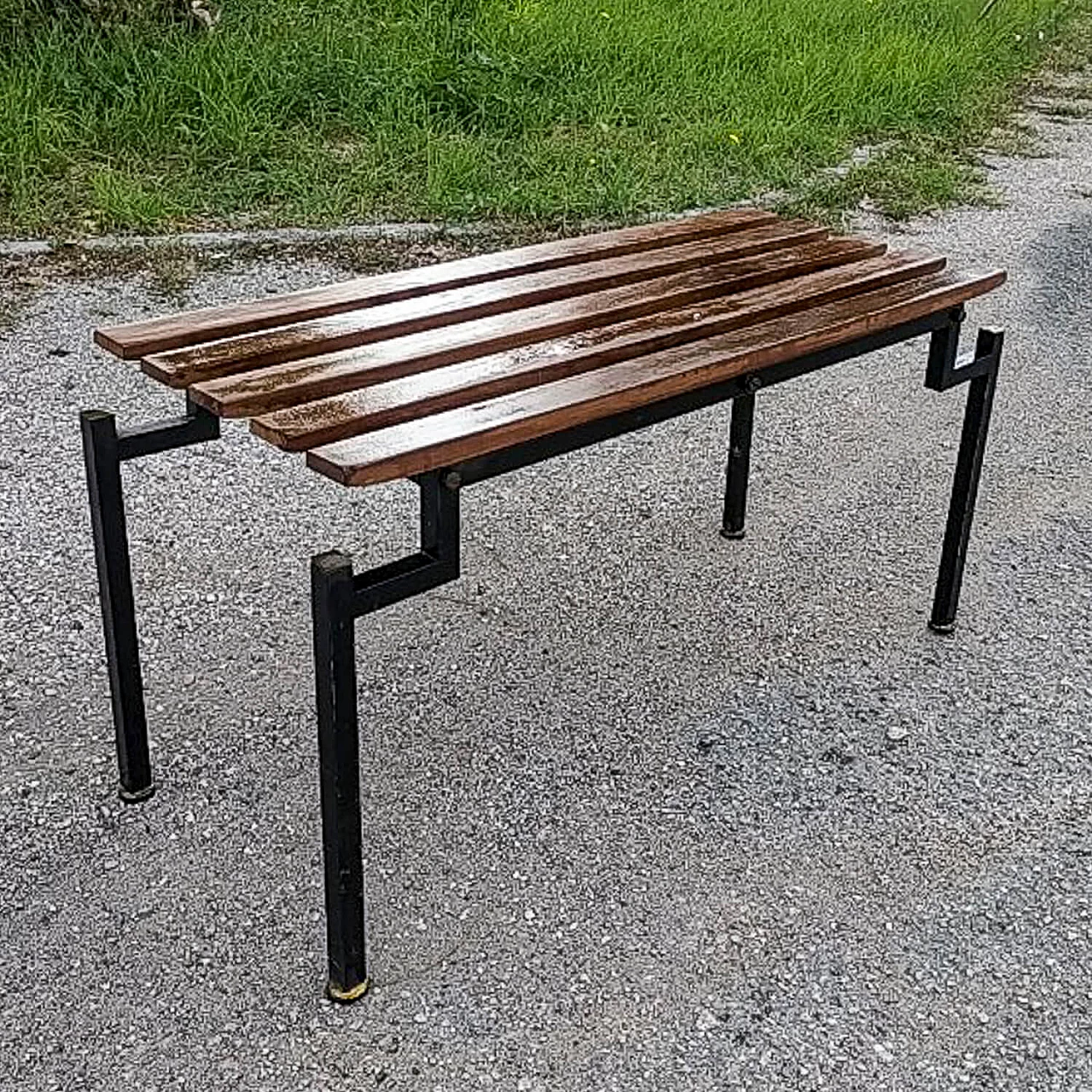 Danish wood and black painted metal bench, 1960s 3