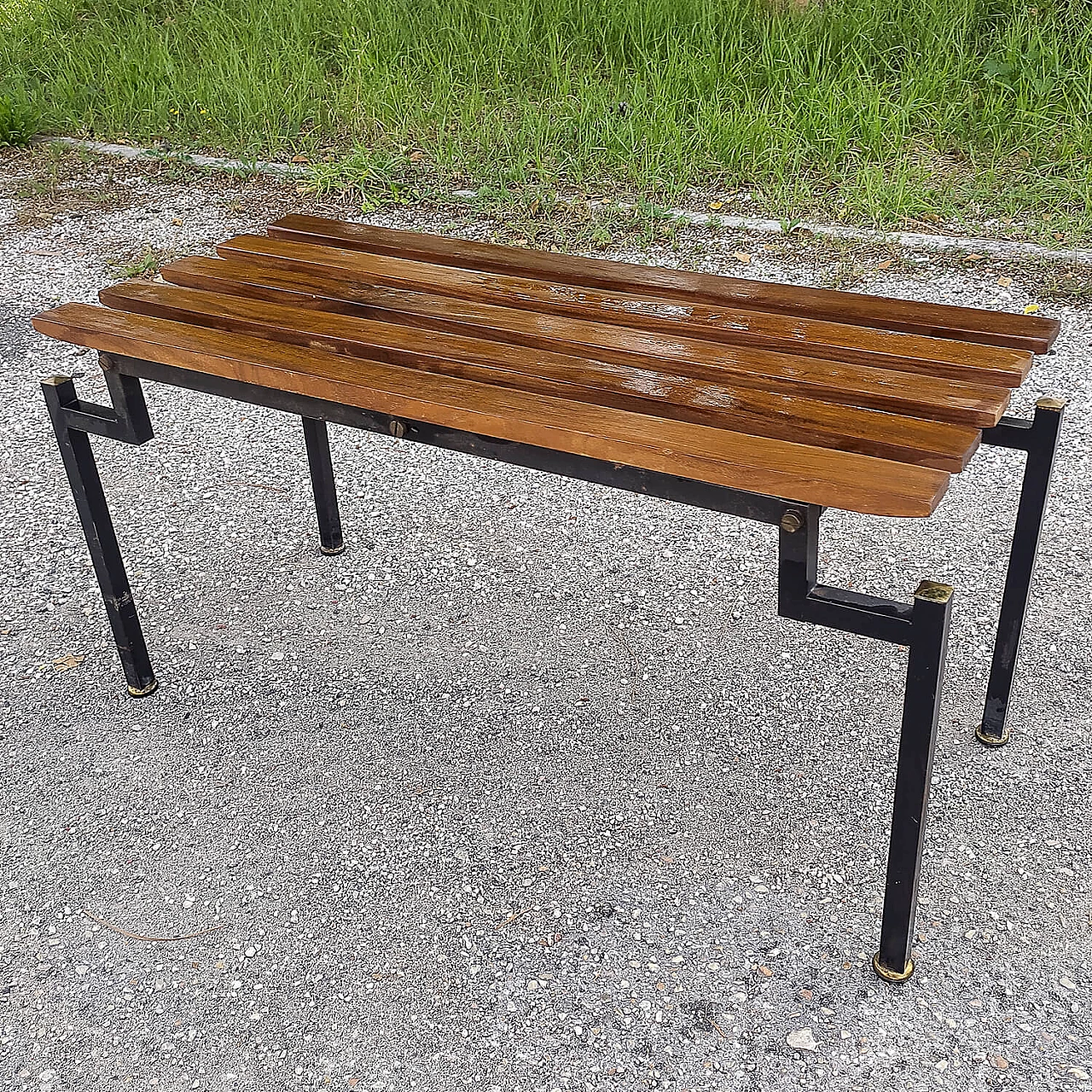 Danish wood and black painted metal bench, 1960s 4