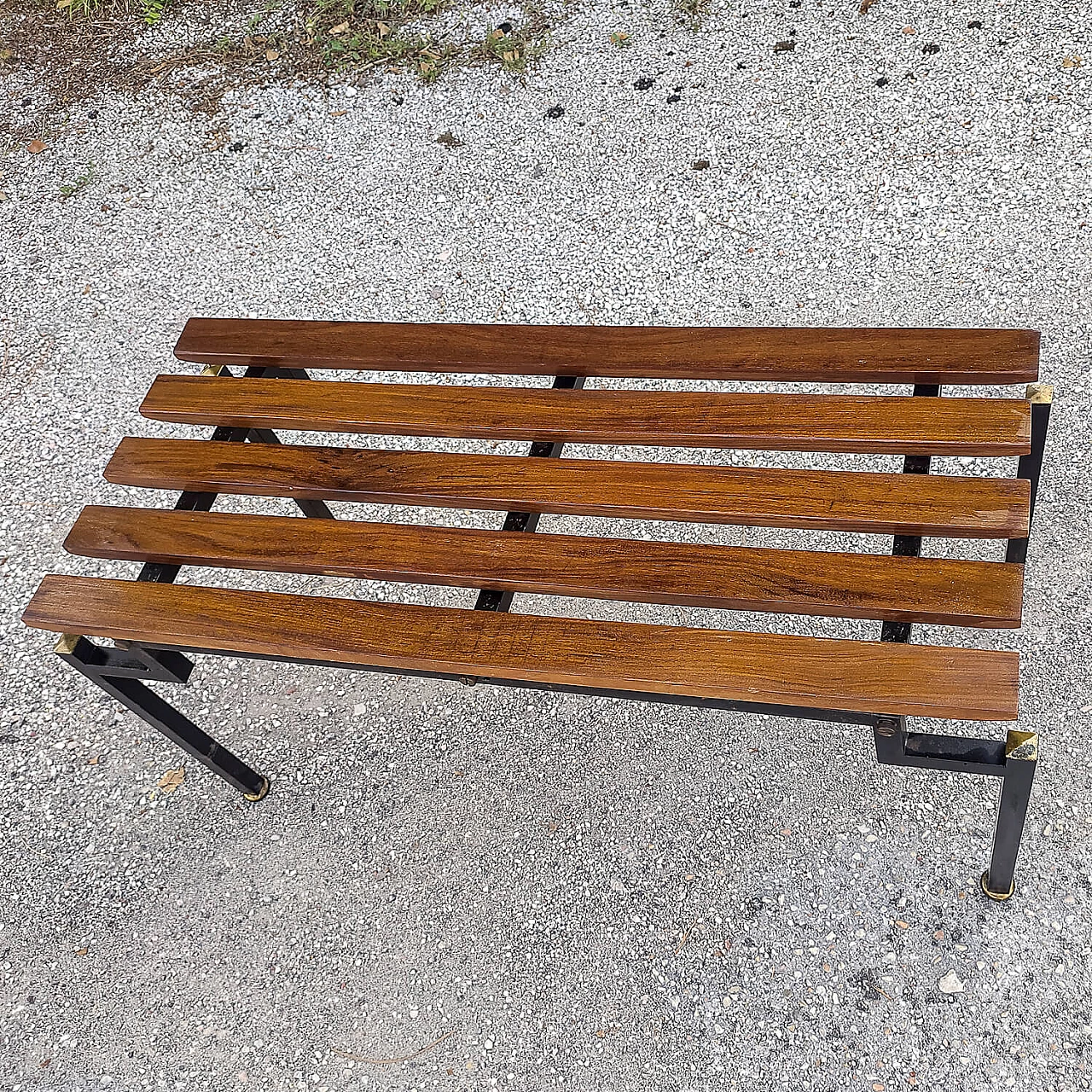 Danish wood and black painted metal bench, 1960s 5