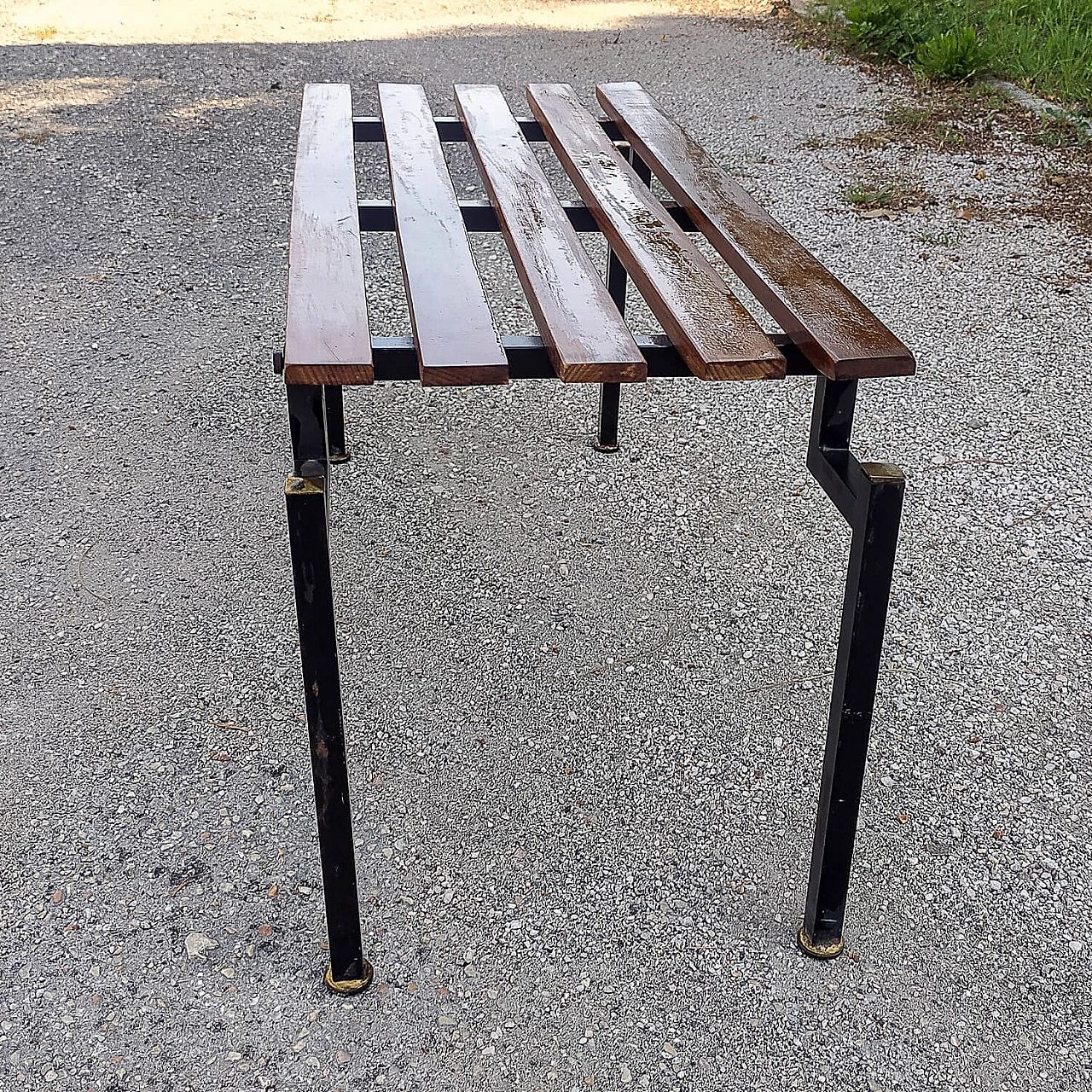 Danish wood and black painted metal bench, 1960s 6