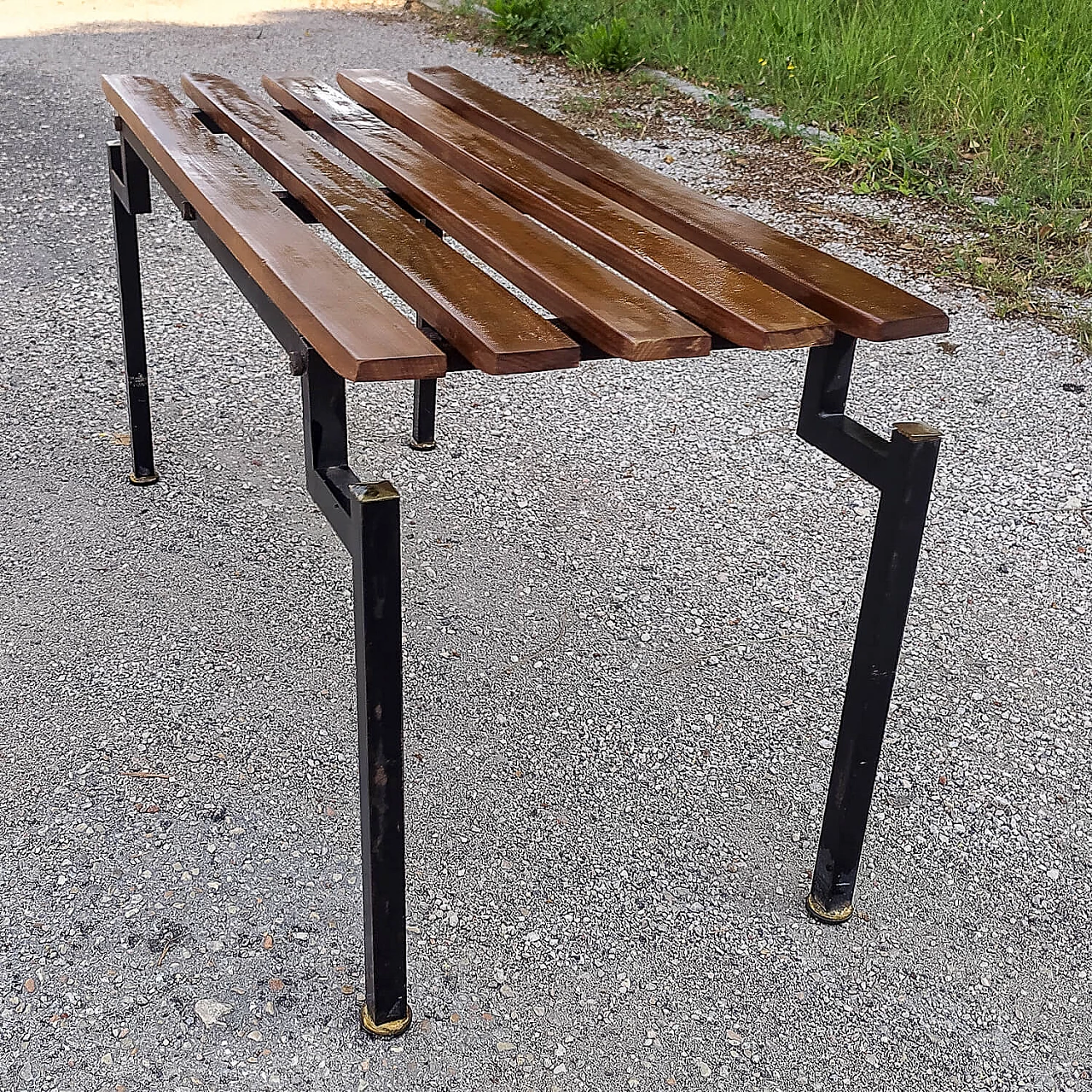 Danish wood and black painted metal bench, 1960s 7