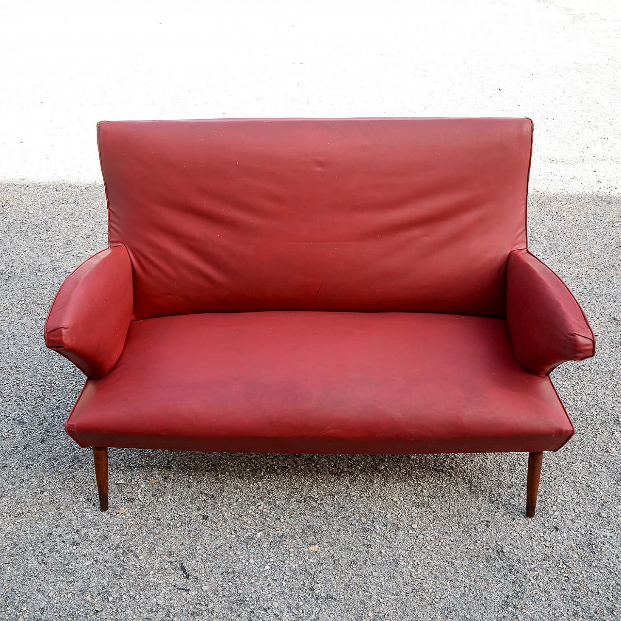 Red leatherette sofa with flared wooden feet, 1950s 2