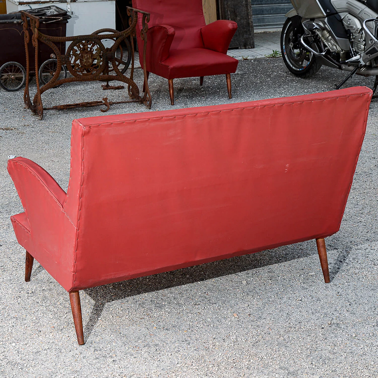 Red leatherette sofa with flared wooden feet, 1950s 5