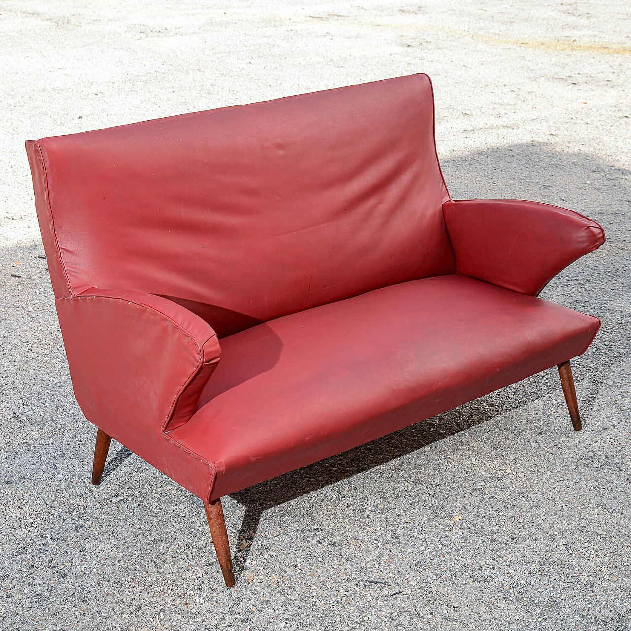 Red leatherette sofa with flared wooden feet, 1950s 7