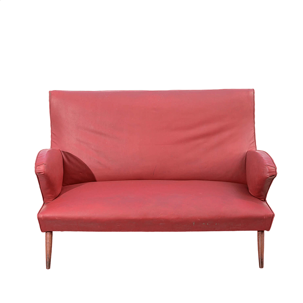 Red leatherette sofa with flared wooden feet, 1950s 9