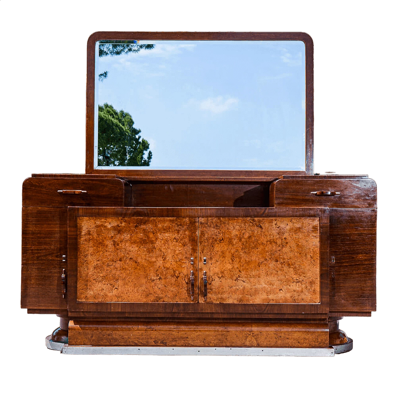 Credenza Art Deco impiallacciata in radica di betulla e noce con specchio di Osvaldo Borsari, anni '20 8