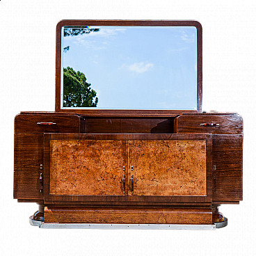 Credenza Art Deco impiallacciata in radica di betulla e noce con specchio di Osvaldo Borsari, anni '20