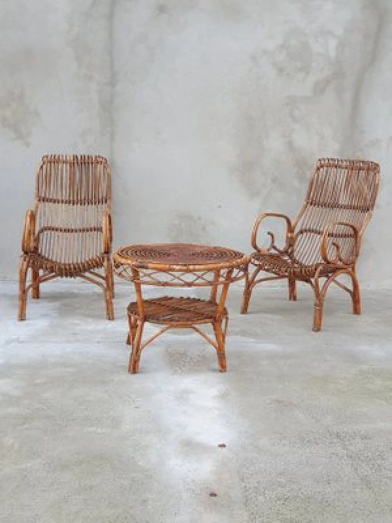 Pair of bamboo armchairs and coffee table, 1960s 1