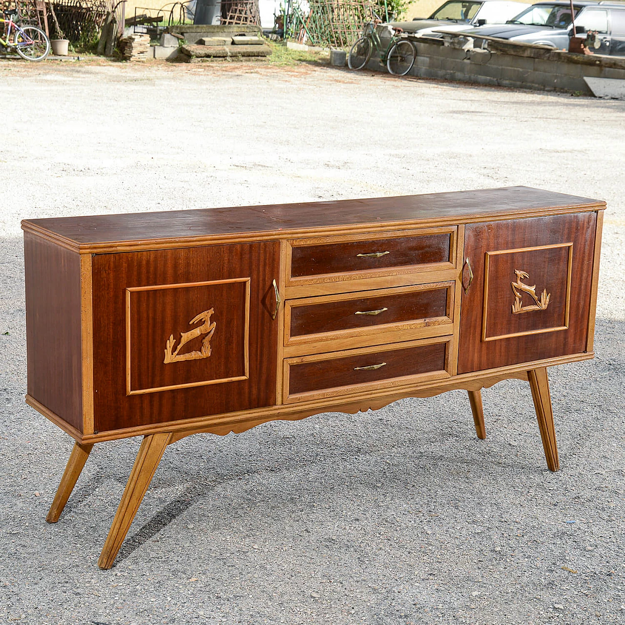 Two-tone wooden sideboard with carved deer decorations, 1960s 3