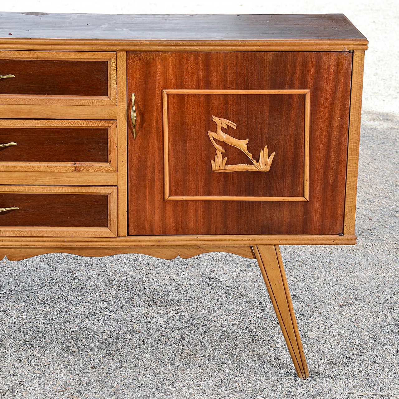Two-tone wooden sideboard with carved deer decorations, 1960s 6