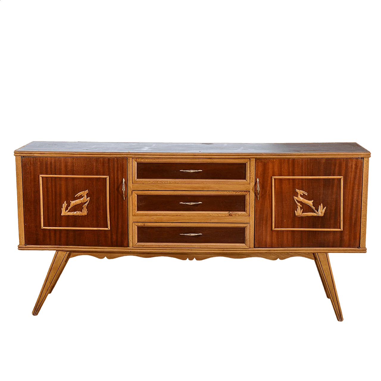 Two-tone wooden sideboard with carved deer decorations, 1960s 9
