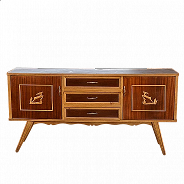Two-tone wooden sideboard with carved deer decorations, 1960s