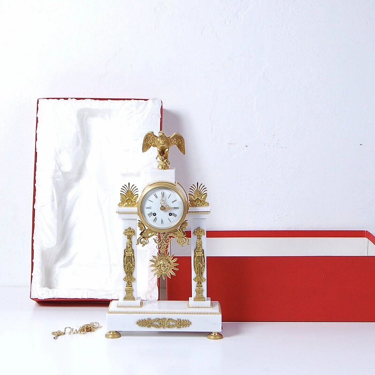 Carrara marble portico table clock in Empire style by La Vallèe, 1950s 11