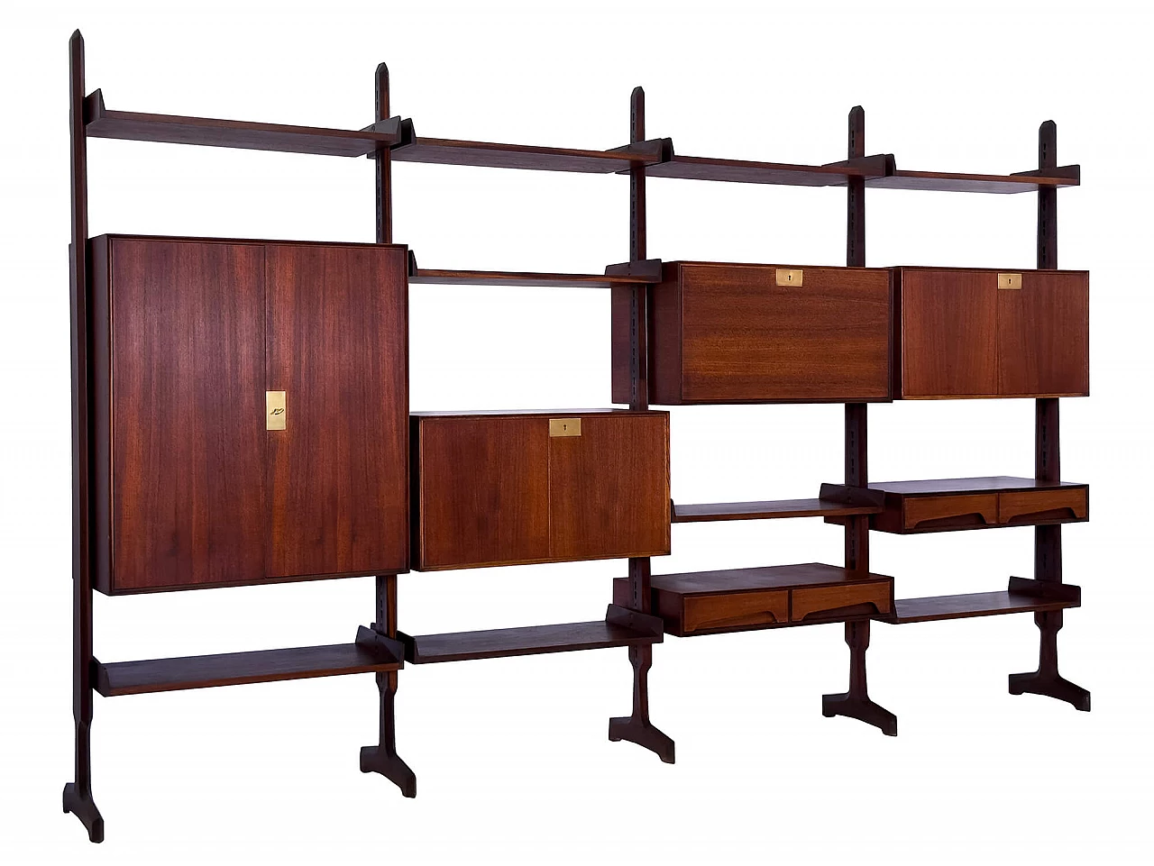 Four-module red teak bookcase with brass details by Vittorio Dassi, 1950s 1