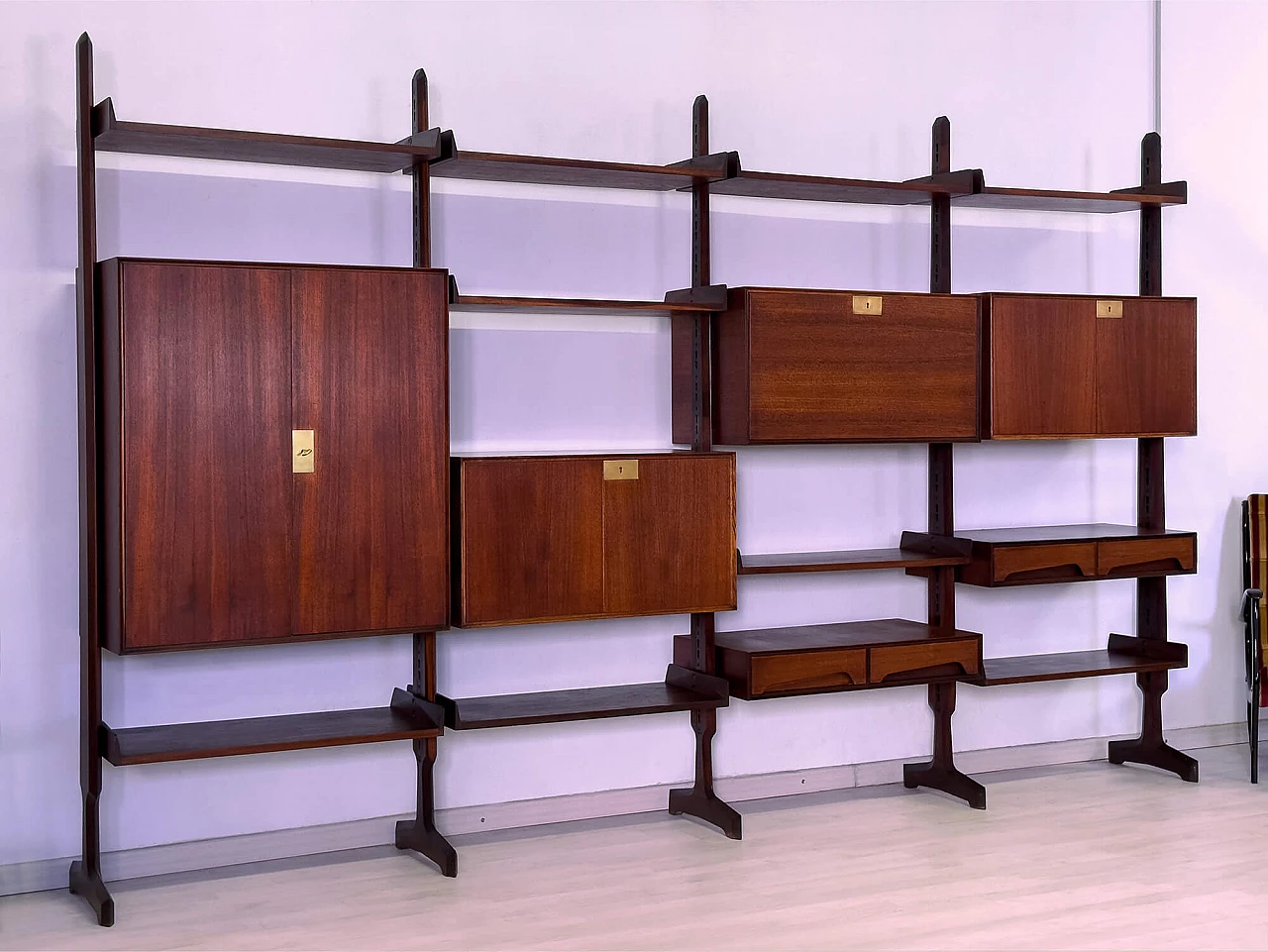 Four-module red teak bookcase with brass details by Vittorio Dassi, 1950s 2