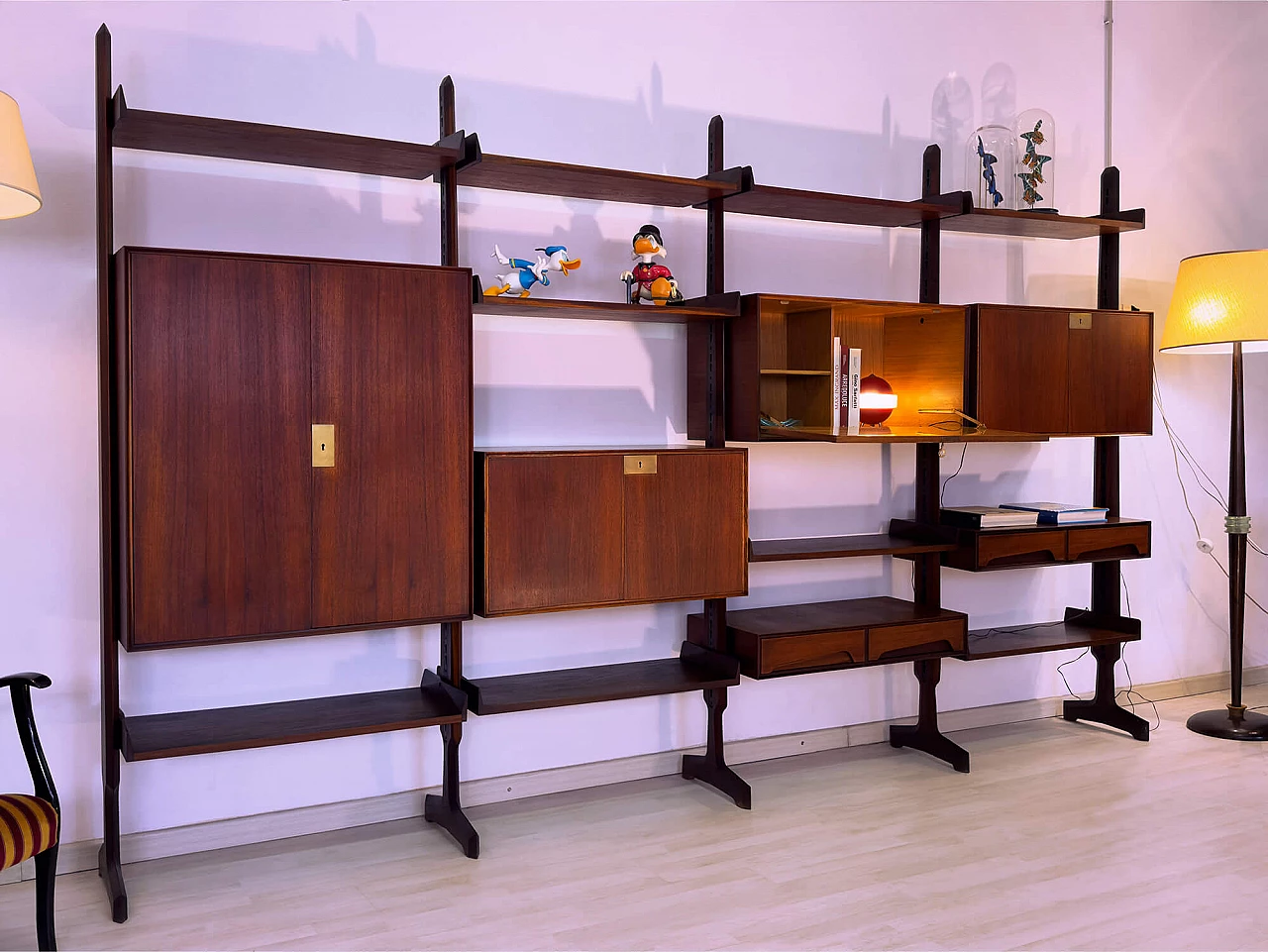 Four-module red teak bookcase with brass details by Vittorio Dassi, 1950s 3