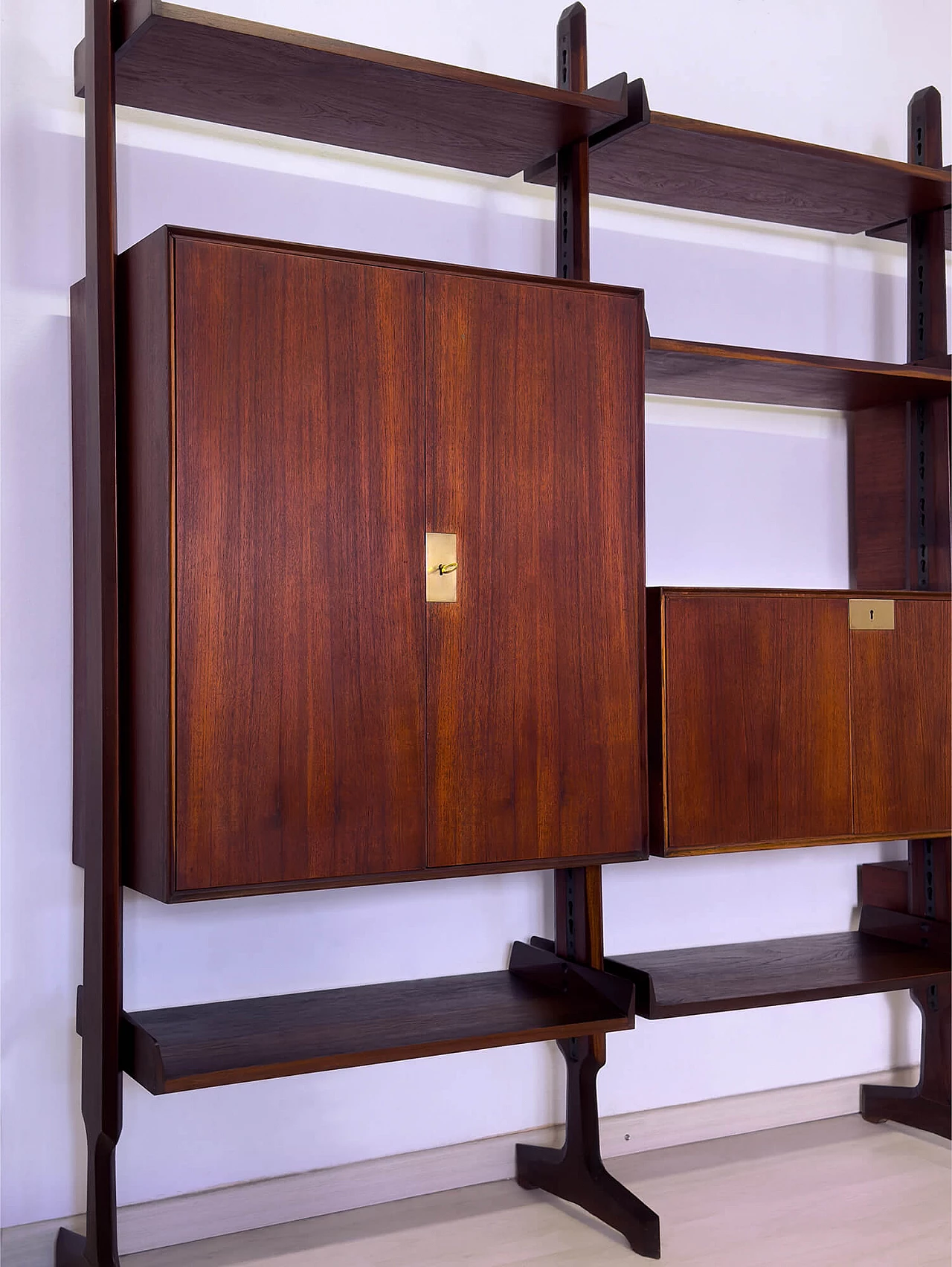 Four-module red teak bookcase with brass details by Vittorio Dassi, 1950s 4