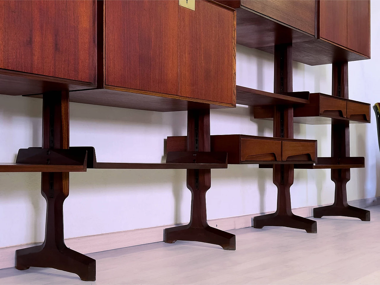 Four-module red teak bookcase with brass details by Vittorio Dassi, 1950s 6