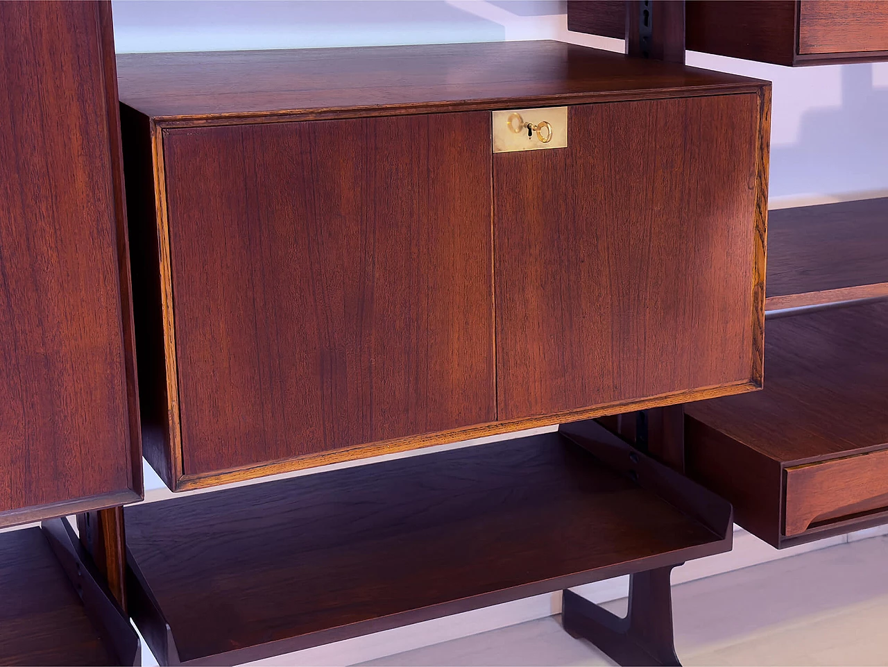 Four-module red teak bookcase with brass details by Vittorio Dassi, 1950s 8