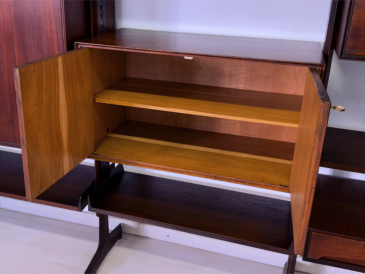Four-module red teak bookcase with brass details by Vittorio Dassi, 1950s 9
