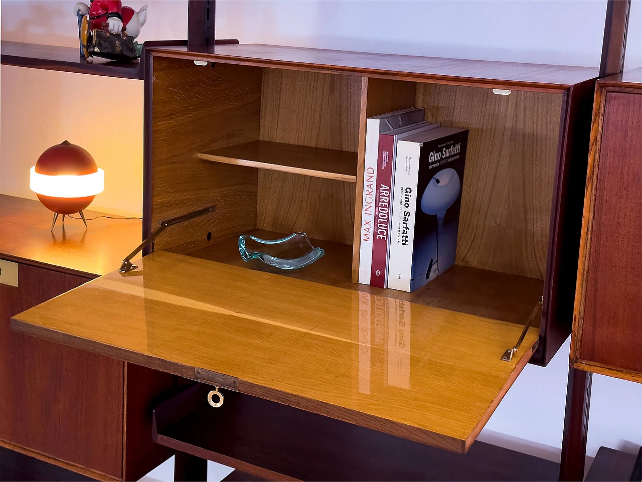 Four-module red teak bookcase with brass details by Vittorio Dassi, 1950s 12