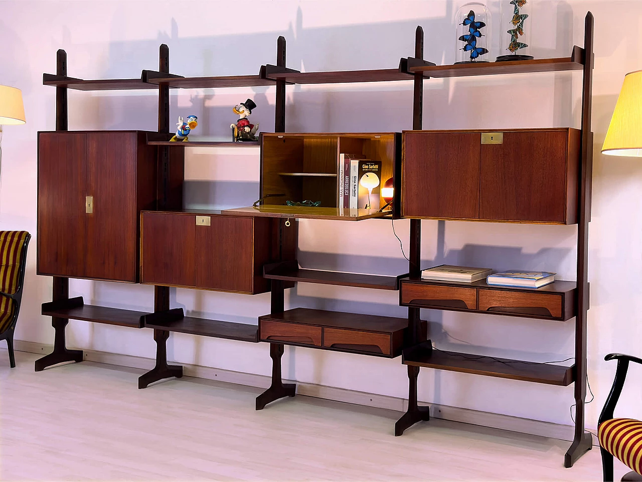 Four-module red teak bookcase with brass details by Vittorio Dassi, 1950s 13